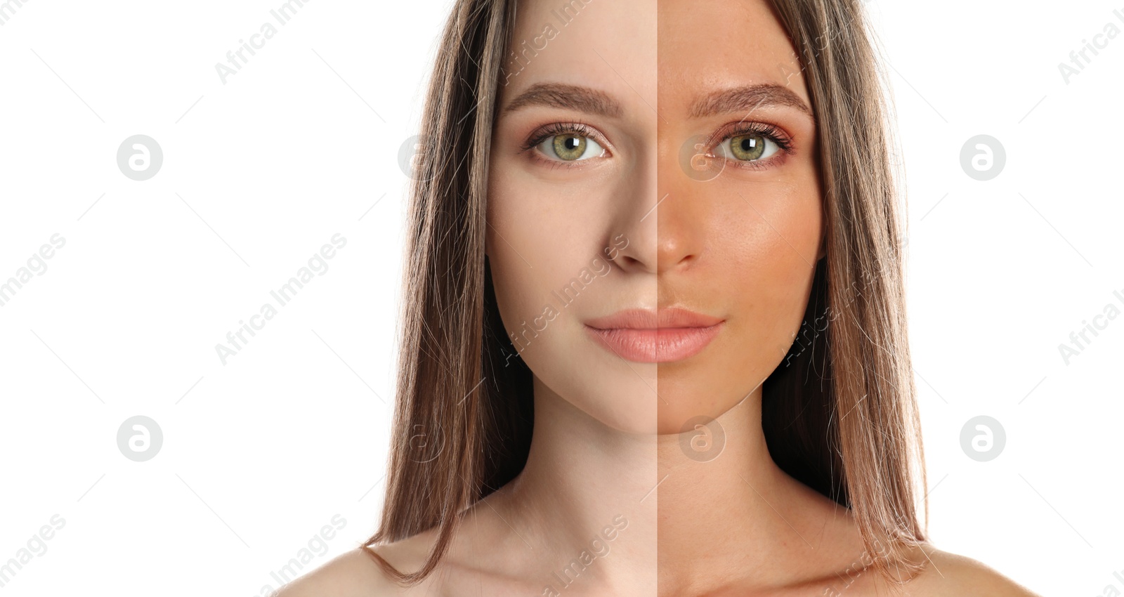 Before and after suntanning. Photo of woman divided into halves on white background. Banner design with space for text Image of Before and after suntanning. Photo of woman divided into halves on white background. Banner design with space for text