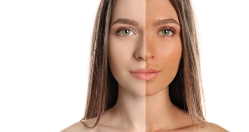 Image of Before and after suntanning. Photo of woman divided into halves on white background. Banner design with space for text