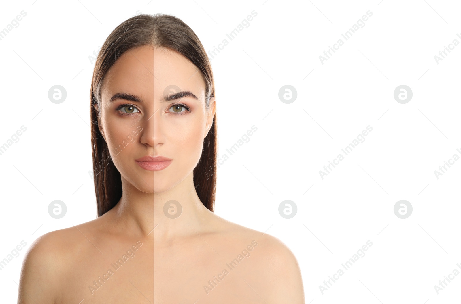 Before and after suntanning. Photo of woman divided into halves on white background, space for text Image of Before and after suntanning. Photo of woman divided into halves on white background, space for text