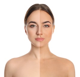 Image of Before and after suntanning. Photo of woman divided into halves on white background