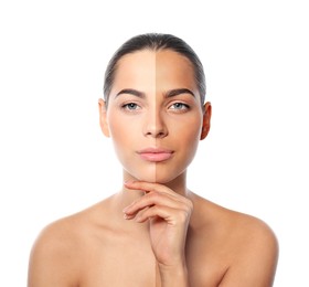 Image of Before and after suntanning. Photo of woman divided into halves on white background