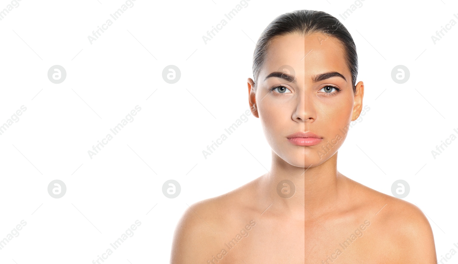 Before and after suntanning. Photo of woman divided into halves on white background. Banner design with space for text Image of Before and after suntanning. Photo of woman divided into halves on white background. Banner design with space for text
