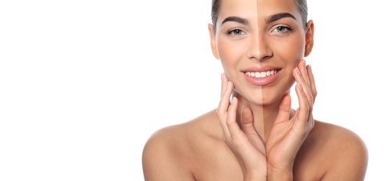 Image of Before and after suntanning. Photo of woman divided into halves on white background. Banner design with space for text