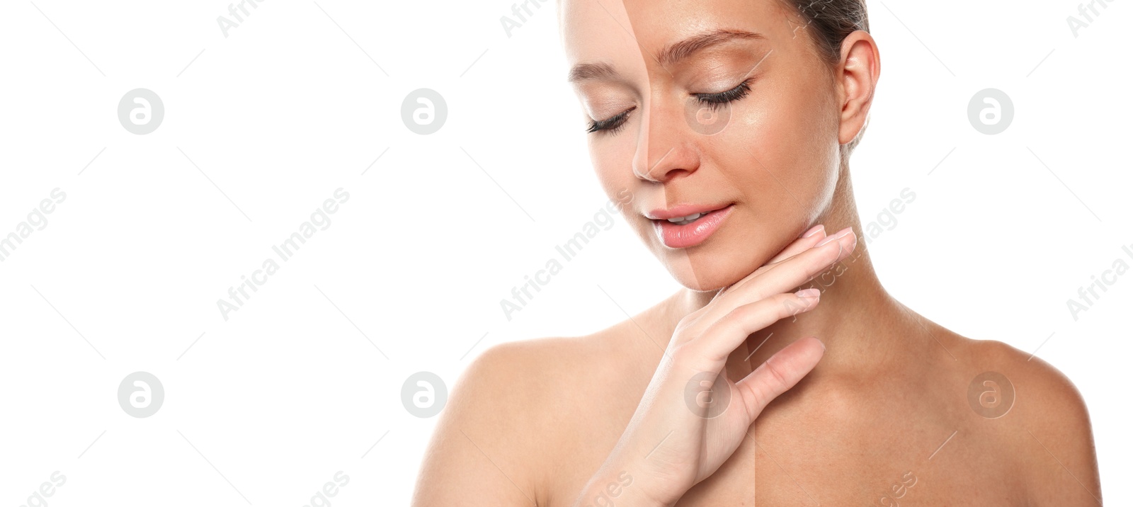 Before and after suntanning. Photo of woman divided into halves on white background. Banner design with space for text Image of Before and after suntanning. Photo of woman divided into halves on white background. Banner design with space for text
