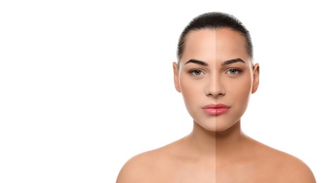 Image of Before and after suntanning. Photo of woman divided into halves on white background. Banner design with space for text