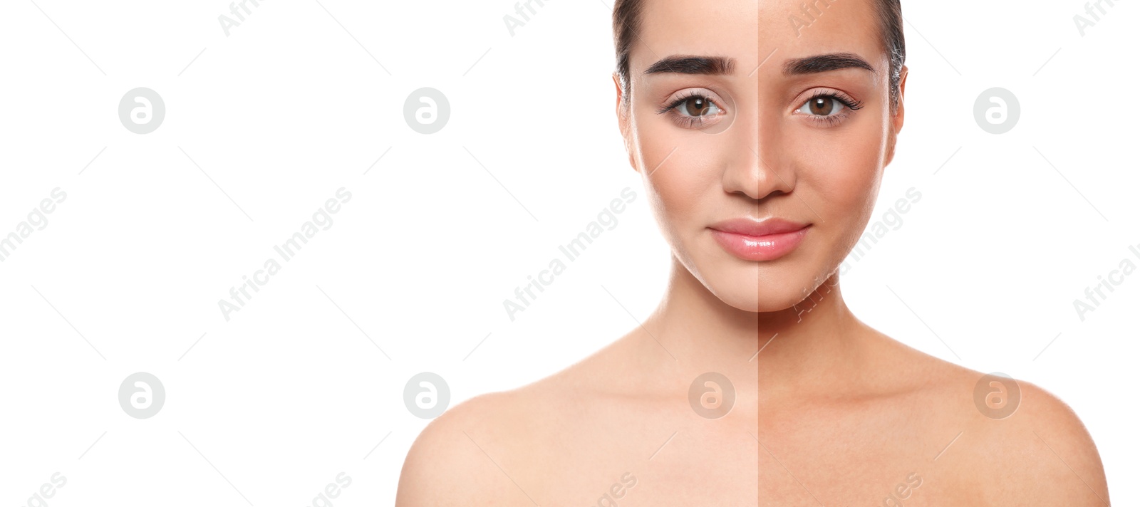 Before and after suntanning. Photo of woman divided into halves on white background. Banner design with space for text Image of Before and after suntanning. Photo of woman divided into halves on white background. Banner design with space for text