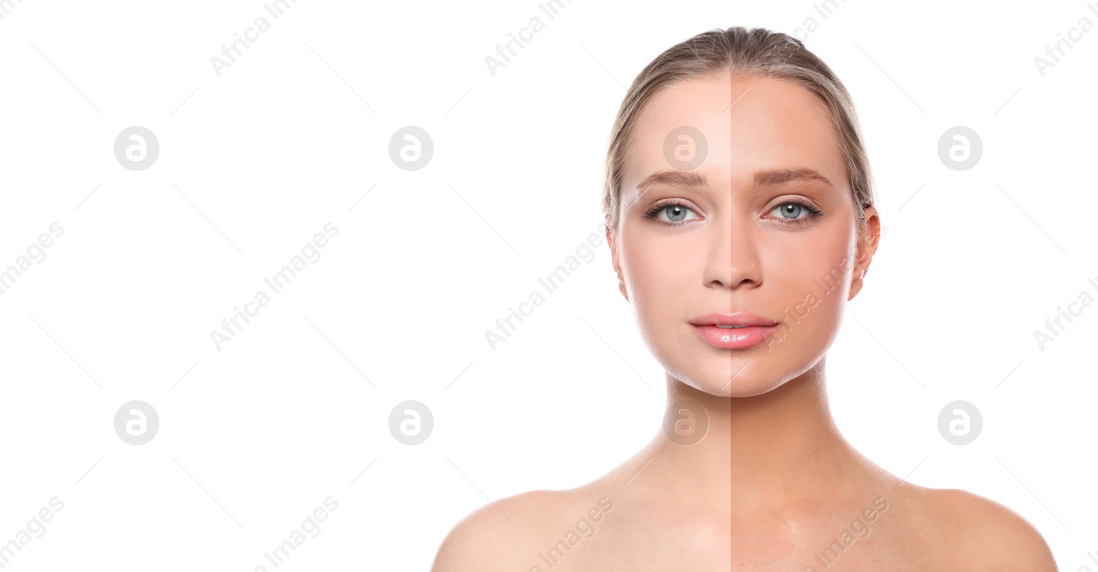 Before and after suntanning. Photo of woman divided into halves on white background. Banner design with space for text Image of Before and after suntanning. Photo of woman divided into halves on white background. Banner design with space for text