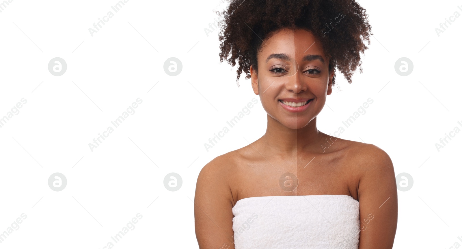 Before and after suntanning. Photo of woman divided into halves on white background. Banner design with space for text Image of Before and after suntanning. Photo of woman divided into halves on white background. Banner design with space for text