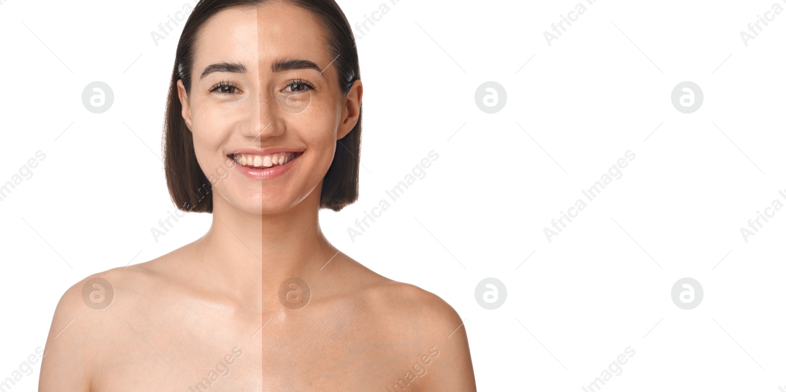 Before and after suntanning. Photo of woman divided into halves on white background. Banner design with space for text Image of Before and after suntanning. Photo of woman divided into halves on white background. Banner design with space for text