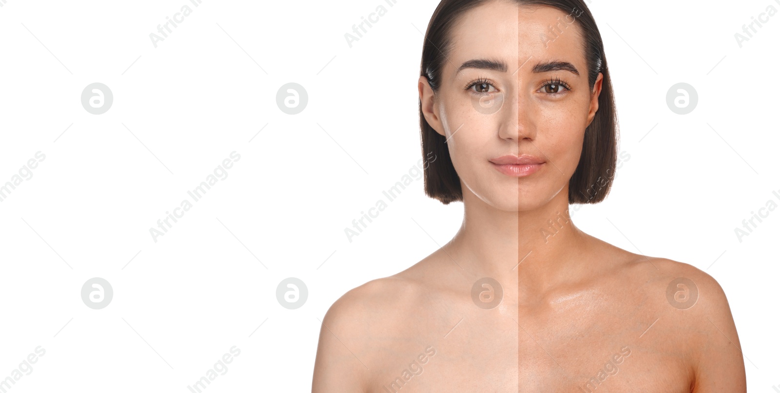 Before and after suntanning. Photo of woman divided into halves on white background. Banner design with space for text Image of Before and after suntanning. Photo of woman divided into halves on white background. Banner design with space for text
