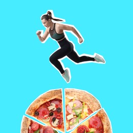 Image of Fit woman running above pizza slices against light blue background, creative collage. Healthy lifestyle