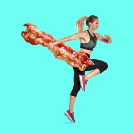 Image of Fit woman with fried bacon running against light blue background, creative collage. Healthy lifestyle