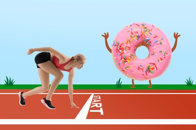 Image of Fit woman in starting position for run. Doughnut on grass near running track. Creative poster