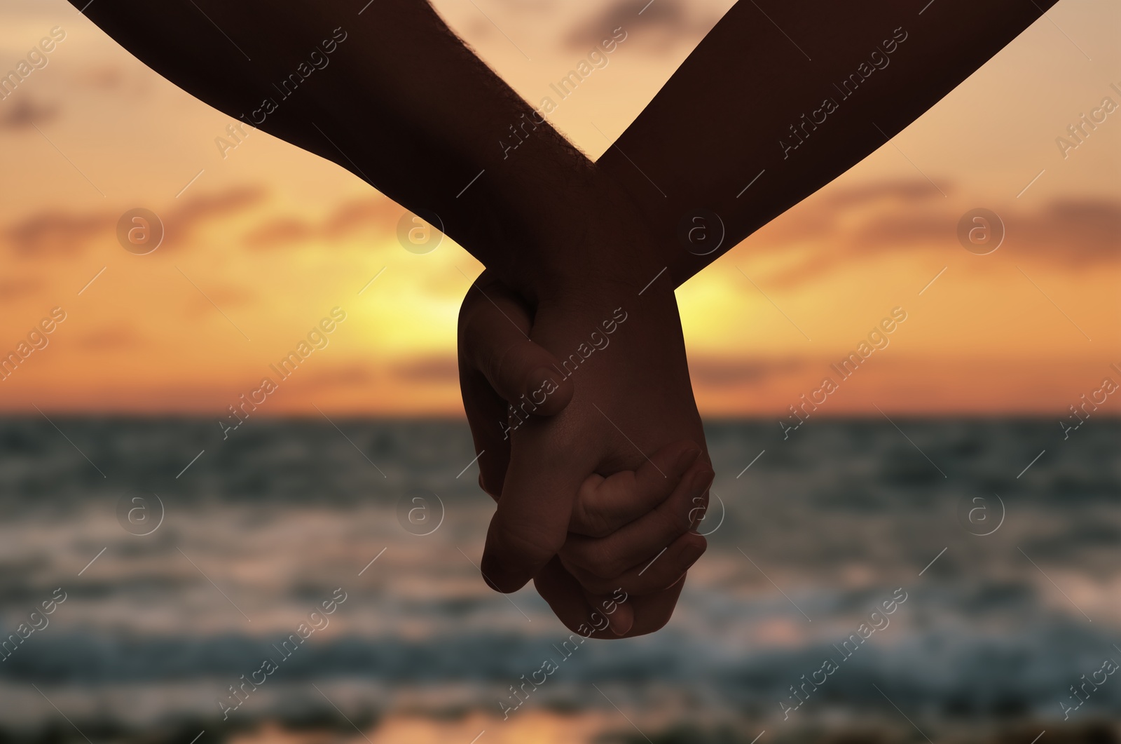 Image of Man and woman holding hands against seascape at sunset, closeup