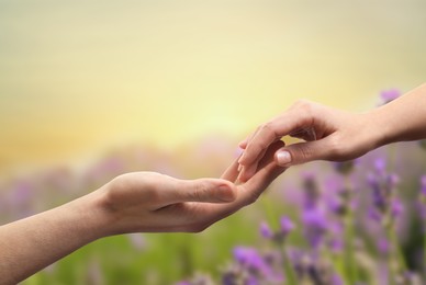Image of Man and woman holding hands against lavender field at sunset, closeup