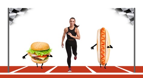 Image of Fit woman finishing race. Hot dog and burger running with her. Healthy lifestyle creative poster