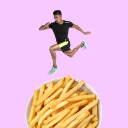 Image of Sportsman running above bowl of French fries against light violet background, creative collage. Healthy lifestyle