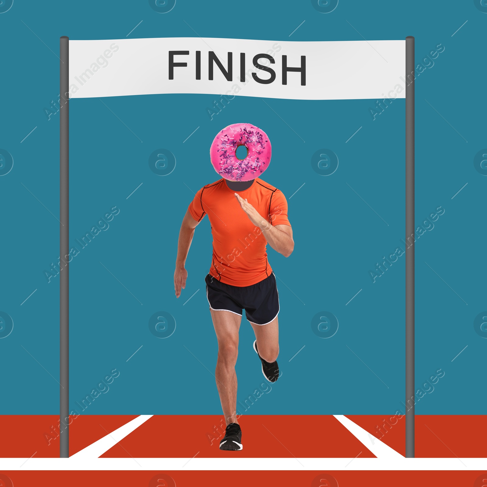 Runner with doughnut instead of his head finishing race. Healthy lifestyle creative collage Image of Runner with doughnut instead of his head finishing race. Healthy lifestyle creative collage