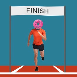 Image of Runner with doughnut instead of his head finishing race. Healthy lifestyle creative collage