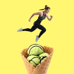 Image of Fit woman running above ice cream against yellow background, creative collage. Healthy lifestyle