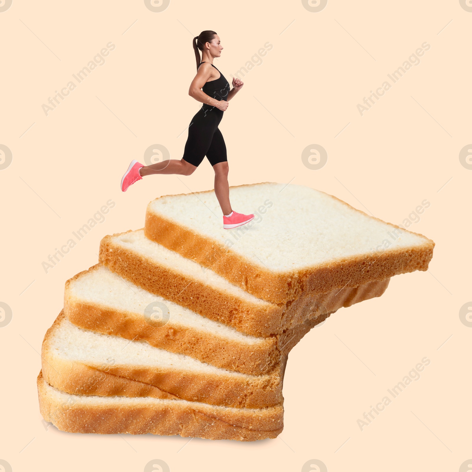 Fit woman running on stack of bread slices against beige background, creative collage. Healthy lifestyle Image of Fit woman running on stack of bread slices against beige background, creative collage. Healthy lifestyle