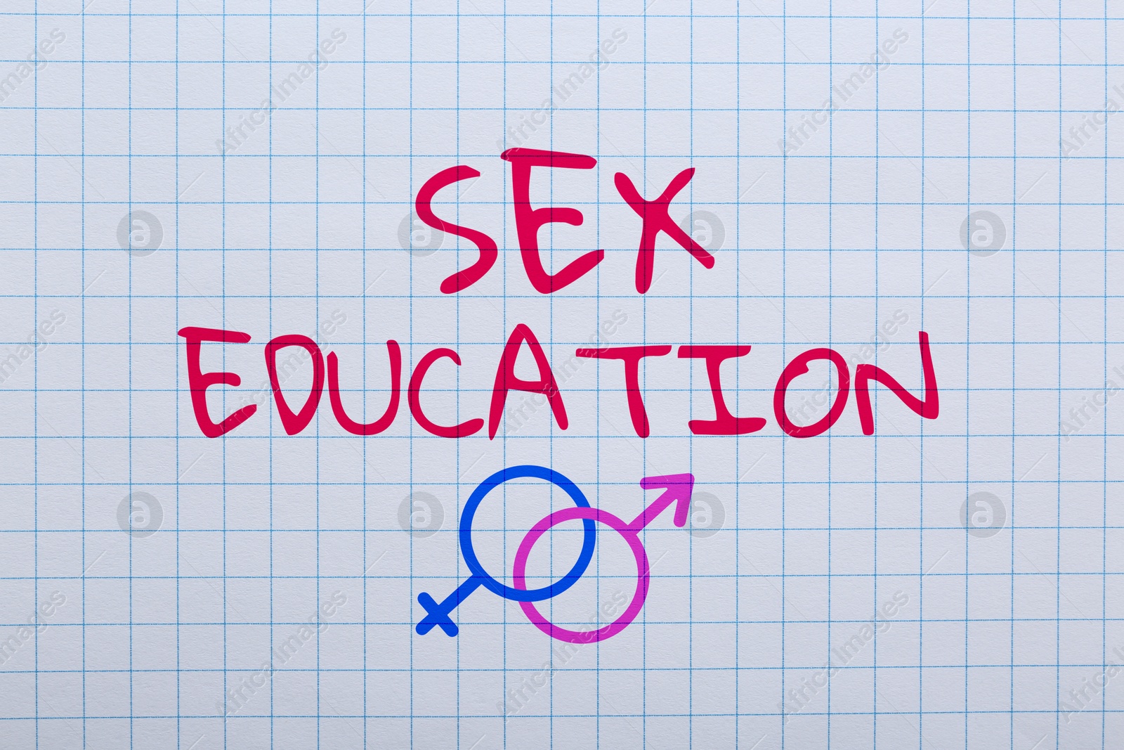 Sex Education inscription, male and female gender symbols on squared paper Image of Sex Education inscription, male and female gender symbols on squared paper