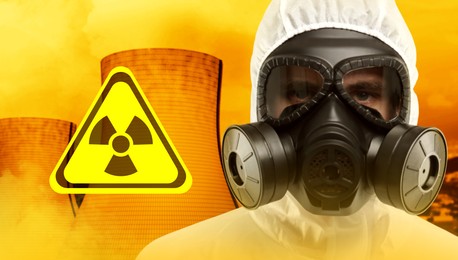 Image of Radioactive hazard, warning sign. Man in hazmat suit and gas mask against industrial plant