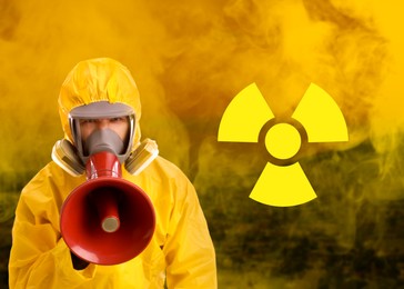 Image of Man in hazmat suit and gas mask warning about radioactive danger using megaphone. Polluted city in smoke behind him. Hazard symbol
