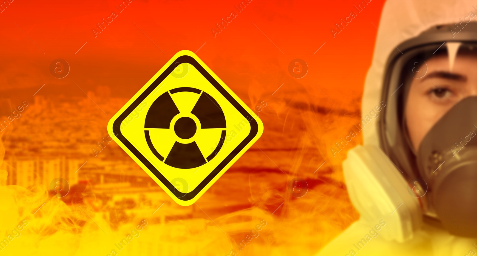 Radioactive hazard, warning sign. Woman in hazmat suit and gas mask against polluted city Image of Radioactive hazard, warning sign. Woman in hazmat suit and gas mask against polluted city