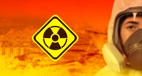 Image of Radioactive hazard, warning sign. Woman in hazmat suit and gas mask against polluted city
