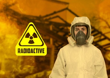 Image of Radioactive hazard, warning sign. Woman in hazmat suit and gas mask against ruined house