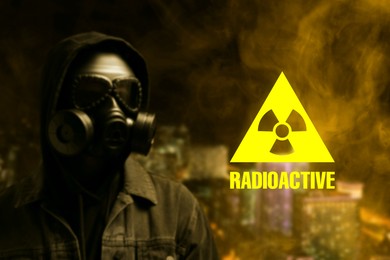 Image of Radioactive hazard, warning sign. Man in hazmat suit and gas mask against polluted city