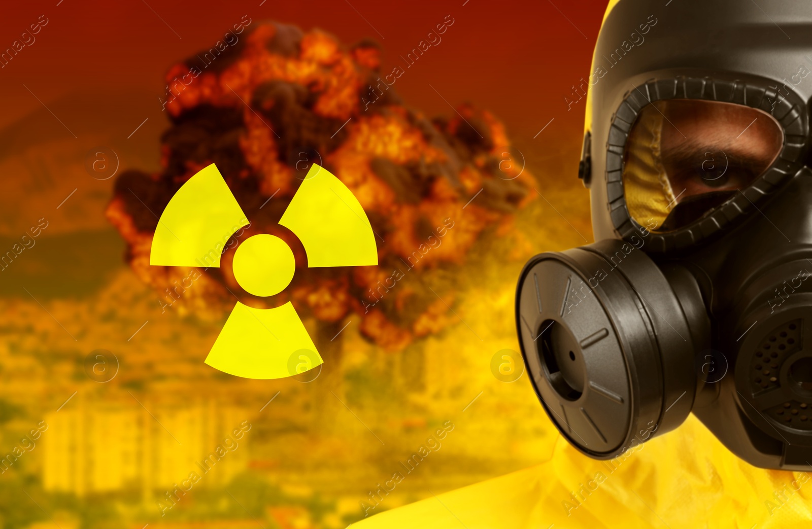 Radioactive hazard, warning sign. Man in hazmat suit and gas mask. Explosion in city Image of Radioactive hazard, warning sign. Man in hazmat suit and gas mask. Explosion in city