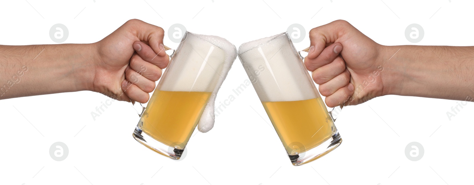 Men clinking their glasses of beer together against white background Image of Men clinking their glasses of beer together against white background