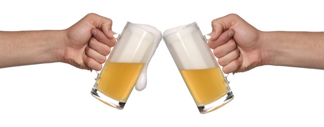 Image of Men clinking their glasses of beer together against white background