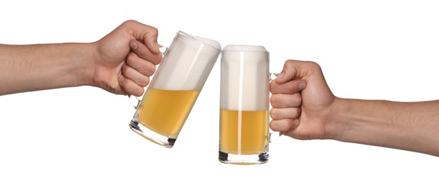 Image of Men clinking their glasses of beer together against white background