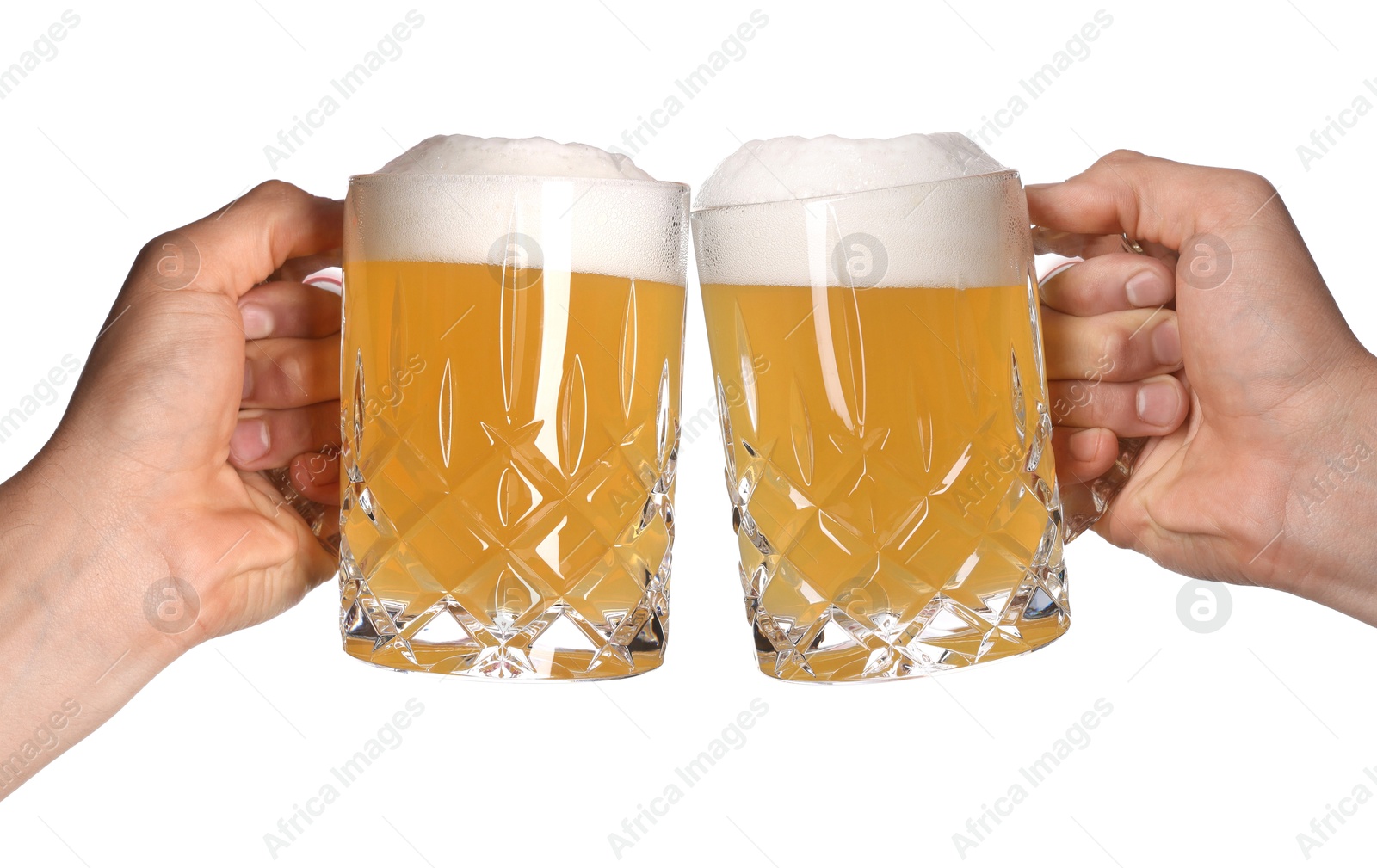 Men clinking their glasses of beer together against white background Image of Men clinking their glasses of beer together against white background