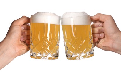 Image of Men clinking their glasses of beer together against white background