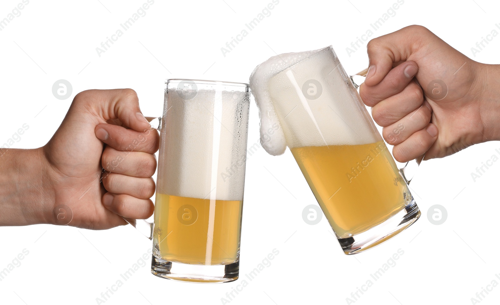 Men clinking their glasses of beer together against white background Image of Men clinking their glasses of beer together against white background
