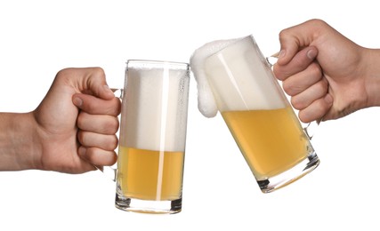Image of Men clinking their glasses of beer together against white background
