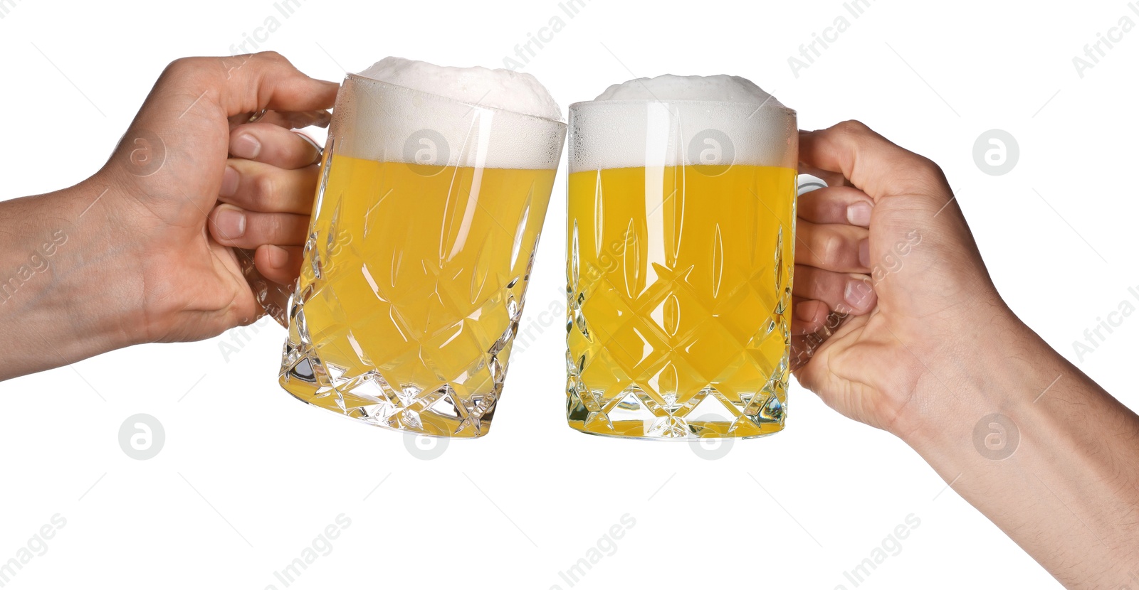 Men clinking their glasses of beer together against white background Image of Men clinking their glasses of beer together against white background