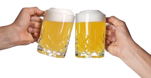 Image of Men clinking their glasses of beer together against white background