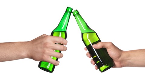 Image of Men clinking their bottles of beer together against white background