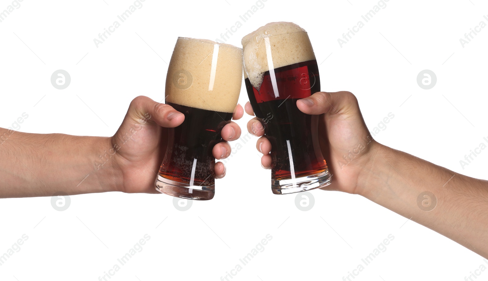 Men clinking their glasses of beer together against white background Image of Men clinking their glasses of beer together against white background