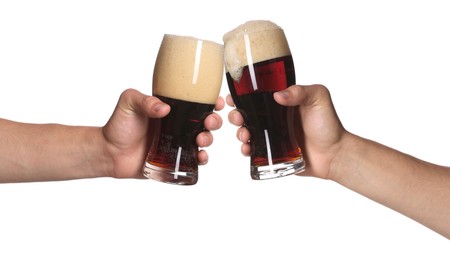 Image of Men clinking their glasses of beer together against white background