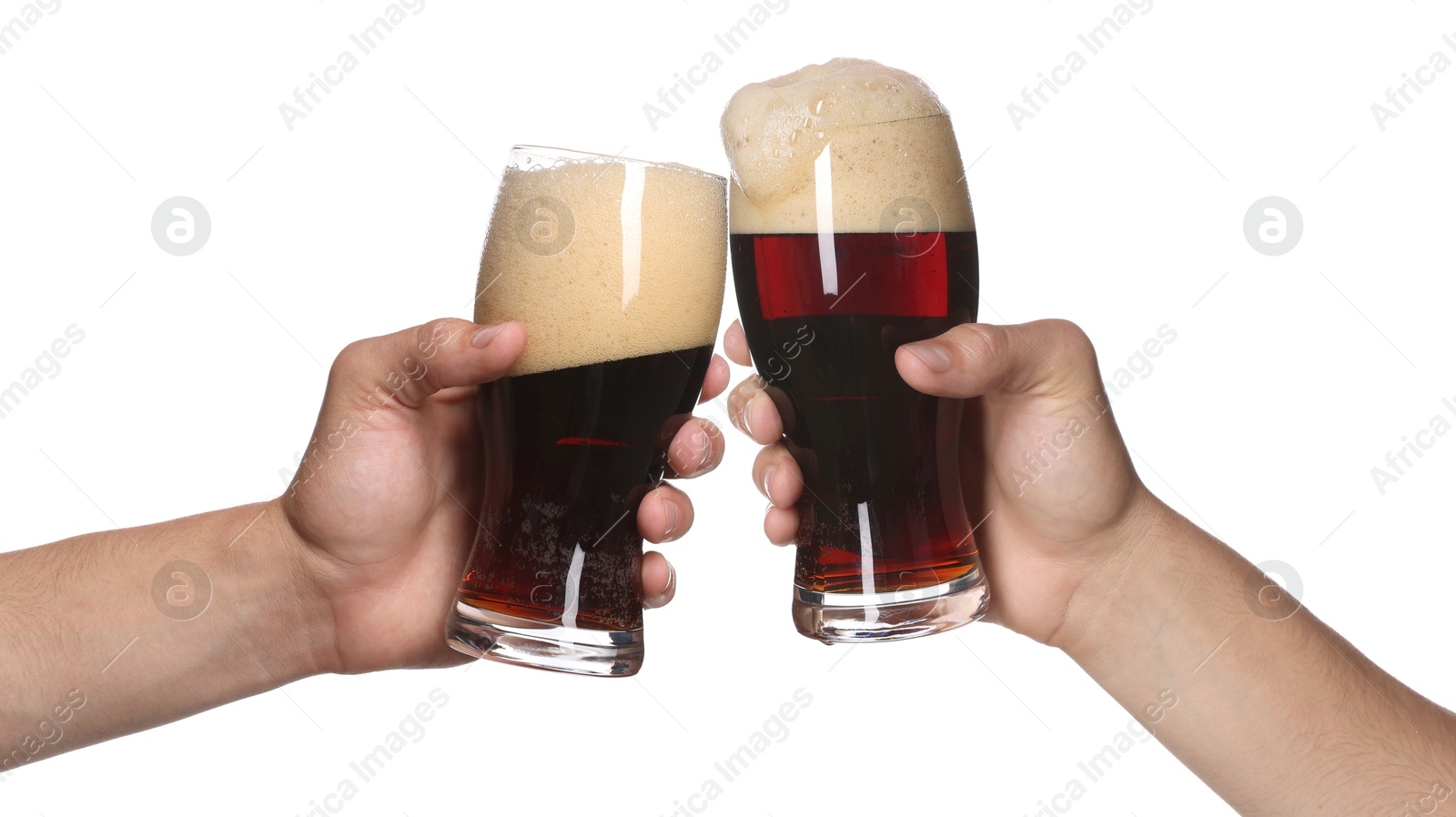 Men clinking their glasses of beer together against white background Image of Men clinking their glasses of beer together against white background