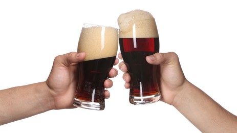 Image of Men clinking their glasses of beer together against white background
