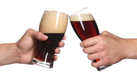 Image of Men clinking their glasses of beer together against white background