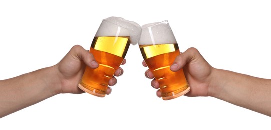 Image of Men clinking their glasses of beer together against white background