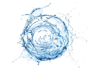 Image of Water forming whirlpool on white background. Whirling fluid